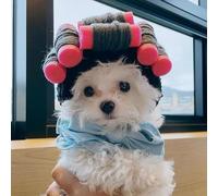 Funny Dog Curler Wig Costume - Cute Cosplay Curly Hair Pet Hat with Pink Rollers, Soft Warm Headwear for Small Dogs Cats Party Festival Dress Up All Seasons (#1,One Size)
