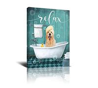 Funny Dog in Bathtub Canvas Wall Art Bathroom Animals Wall Decor Painting Bathroom Turquoise Picture Modern Home Funny Animal Bathtub Artwork Decor for Bathroom Framed Ready to Hang 16x24 Inch