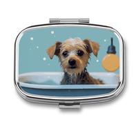 Funny Dog in Bathtub Pill Box 2 Compartment, Portable Pill Case with Mirror for Pocket Purse Travel, Mini Metal Medicine Organizer for Vitamins Fish Oil
