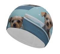 Funny Dog in Bathtub Swim Cap for Adult, Elastic Fabric Swimming Cap, Comfortable Bathing Cap for Long & Short Hair