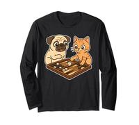 Funny Dog Pug and Cute Cartoon Cat Playing Backgammon Long Sleeve T-Shirt