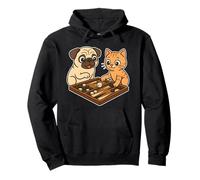 Funny Dog Pug and Cute Cartoon Cat Playing Backgammon Pullover Hoodie