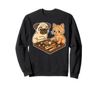 Funny Dog Pug and Cute Cartoon Cat Playing Backgammon Sweatshirt