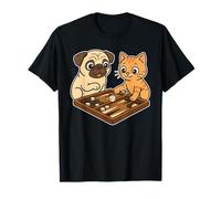 Funny Dog Pug and Cute Cartoon Cat Playing Backgammon T-Shirt