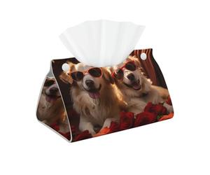 Funny Dog Rose Tissue Box Cover Pu Leather Tissue Holder Long Decorative Organizer For Office Car Home Bathroom Napkins and Facial Dispenser