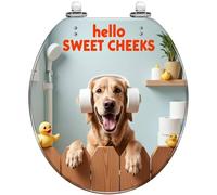 Funny Dog Round Toilet Seat Colored Resin Labrador Rustic Farmhouse Country Quick Release Hinges with Cover Easy Install Decorative Bathroom