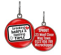 Funny Dog Tag - UK Made - Customised, 36 Colour Options, 2 Sizes for Dogs & Cats - Breaking Hearts and Blasting Farts - Waterproof, Double-Sided Pet ID - Cheeky Dog Name Tag