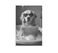 Funny Dog Wall Art Poster Golden Retriever in Bathtub Reading Newspaper with Sunglasses Quirky Black And White Pet Bathroom Decor Guest Bath Laundry Room Powder Room Home Decor Gift 24x36inch Unframe
