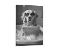 Funny Dog Wall Art Poster Golden Retriever in Bathtub Reading Newspaper with Sunglasses Quirky Black And White Pet Bathroom Decor Guest Bath Laundry Room Powder Room Home Decor Gift 24x36inch Frame