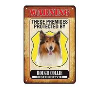 Funny Dog Warning Metal Sign These Premises Protected by Rough Collie Signs 112x8 InchDrilled Holes for Easy Mounting Indoor or Outdoor Use Fence Door Gate