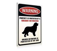Funny Dog Warning Metal Tin Signs Wall Art Decor Property is Protected By a Golden Retriever Sign for Home Decor Gifts to Indoor and Outdoor Use - 8x12 Inch