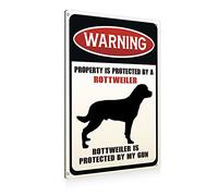 Funny Dog Warning Metal Tin Signs Wall Art Decor Property is Protected By a Rottweiler is Protected By My Gun Sign for Home Decor Gifts to Indoor and Outdoor Use - 8x12 Inch