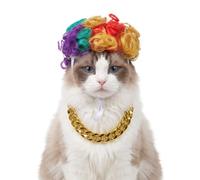 Funny Dog Wig with Chain Collar, Adjustable Curly Syntehtic Pet Wig, Cute Cosplay Costume for Halloween Christmas Photo Props (Colorful)