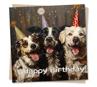 Funny Dogs Birthday Card - Happy Birthday - Three Dogs Wearing Party Hats - Birthday Card For Friend, Dog Lovers