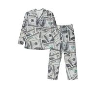 Funny Dollar Money Print Mens Set Pajamas Sleepwear, Long Sleeve Button Down Lounge Sets With Pockets, Black, M