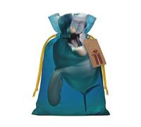 Funny Dolphin Looking at You Printed Christmas Drawstring Bags Reusable Bag for Christmas Party Xmas Gift Wrapping, Yellow Ribbon, S