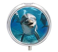 Funny Dolphin Looking at You Round Pill Box Travel Portable Pill Case 23 Compartment Medicine Metal Tablet Vitamin Holder Organizer for Purse Pocket