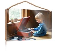 Funny Door Frame Sign A Child Plays with A Vintage Record Player Funny Kitchen Decor Decorative Signs for Home Deco(20X30CM)