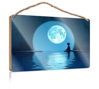 Funny Door Frame Sign A Child Sits On A Raft Gazing at A Large Full Moon Through an Archway Wooded Sign Posters & Prints Wood Bathroom Decor(15X28CM)
