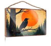 Funny Door Frame Sign A Crow Perches On A Branch Against A Backdrop of an Orange Sun and Forest Funny Kitchen Decor Decorative Signs for Home Deco(23X35CM)
