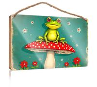 Funny Door Frame Sign A Frog Sits On A Red Mushroom with White Spots Funny Kitchen Decor Decorative Signs for Home Deco(15X28CM)