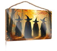 Funny Door Frame Sign Four Witches in Black Robes Walk Through an Autumn Forest Wooded Sign Posters & Prints Wood Bathroom Decor(15X28CM)