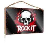 Funny Door Frame Sign Skull With Headphones: The Ultimate Rock Music Emblem Wooded Sign Signs For Home Decor Apartment Decor(23X35CM)