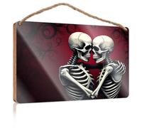 Funny Door Frame Sign Two Skeletons in Love On A Red Background Funny Kitchen Decor Decorative Signs for Home Deco(20X30CM)