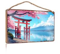 Funny Door Hanging Signs Cherry Blossoms, Torii Gate, And Mount Fuji Reflections On Lake Wooded Sign Hanging Porch Sign Camper Decor(15X28CM)