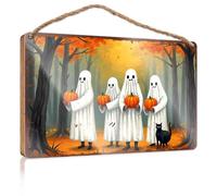 Funny Door Hanging Signs Halloween Ghosts In Autumn Forest With Pumpkins Wooded Sign Hanging Porch Sign Camper Decor(23X35CM)
