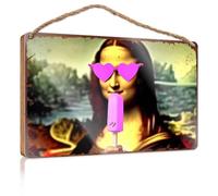 Funny Door Hanging Signs Modern Mona Lisa Enjoys A Pink Popsicle: A Contemporary Twist On Wooded Sign Hanging Porch Sign Camper Decor(23X35CM)