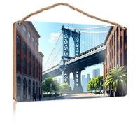 Funny Door Hanging Signs Urban Scene With Iconic Bridge Against City Skyline Wooded Sign Hanging Porch Sign Camper Decor(23X35CM)