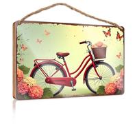 Funny Door Hanging Signs Vintage Red Bicycle With Flower Basket Amidst Butterflies And Blo Wooded Sign Hanging Porch Sign Camper Decor(20X30CM)
