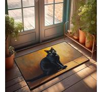 Funny Door Mats For Outside Entry A Black Cat With Striking Yellow Eyes Sits On A Wooden Floor Doormat Cool Rugs Home Sweet Home Door Mat(40X60CM)