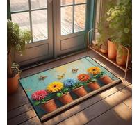 Funny Door Mats For Outside Entry Colorful Flowers In Pots With Butterflies Flying Above Doormat Cool Rugs Home Sweet Home Door Mat(50X80CM)