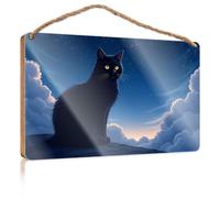 Funny Door Signs for Office A Black Cat Sits On A Hill Under A Starry Sky Outdoor Patio Decor Outdoor Wall Decor(20X30CM)