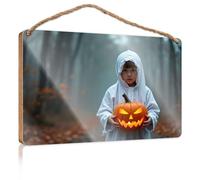 Funny Door Signs for Office A Child in A White Ghost Costume Holds A Glowing Jack-o'-Lantern Welcome Sign for Front Porch Standing Mancave Sign(15X28CM)