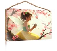 Funny Door Signs for Office A Fairy with Wings Holds A Bird Among Blooming Cherry Blossoms Boys Bedroom Decorations Bathroom Wall Art(15X28CM)