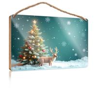 Funny Door Signs for Office A Reindeer Stands Next to A Beautifully Decorated Christmas Tree Welcome Sign for Front Porch Standing Mancave Sign(15X28CM)