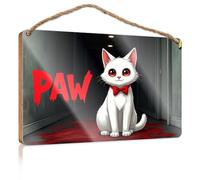 Funny Door Signs for Office A White Cat with Red Eyes Sits in A Hallway, Surrounded by Blood Welcome Sign for Front Porch Standing Mancave Sign(20X30CM)
