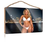 Funny Door Signs for Office A Woman in A White Bikini Poses Against A City Skyline At Night Boys Bedroom Decorations Bathroom Wall Art(20X30CM)
