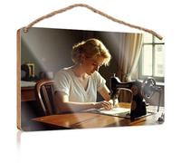 Funny Door Signs for Office A Woman is Sewing On an Old-Fashioned Machine Welcome Sign for Front Porch Standing Mancave Sign(15X28CM)