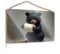 Funny Door Signs for Office Adorable Black Bear Holding Toilet Paper Roll Wooden Sign Small Signs for Home Decor Summer Door Sign(23X35CM)