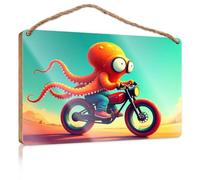 Funny Door Signs for Office an Octopus Rides A Motorcycle in A Desert Landscape Boys Bedroom Decorations Bathroom Wall Art(23X35CM)