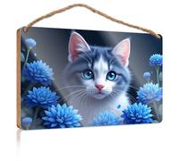 Funny Door Signs For Office Blue Eyes And Blue Flowers: A Cat'S Serene Portrait Wooden Sign Small Signs For Home Decor Summer Door Sign(20X30CM)