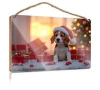 Funny Door Signs for Office Christmas Pup with Presents and Tree Wooden Sign Small Signs for Home Decor Summer Door Sign(15X28CM)