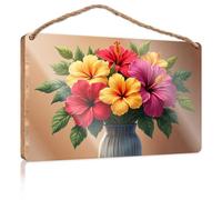 Funny Door Signs for Office Colorful Hibiscus Bouquet in Blue Vase Wooden Sign Small Signs for Home Decor Summer Door Sign(20X30CM)