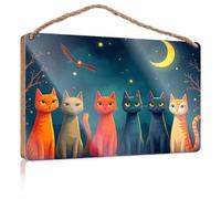 Funny Door Signs for Office Magical Night with Colorful Cats Wooden Sign Small Signs for Home Decor Summer Door Sign(23X35CM)