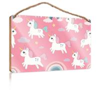 Funny Door Signs for Office Magical Unicorns and Rainbows On Pink Background Wooden Sign Small Signs for Home Decor Summer Door Sign(15X28CM)