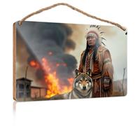 Funny Door Signs for Office Native American Warrior with Wolf Amidst Burning Village Boys Bedroom Decorations Bathroom Wall Art(20X30CM)